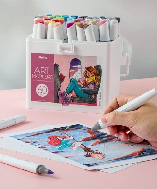 Alkoholové fixy se dvěma hroty OHUHU - ilustrace - sada 60 ks