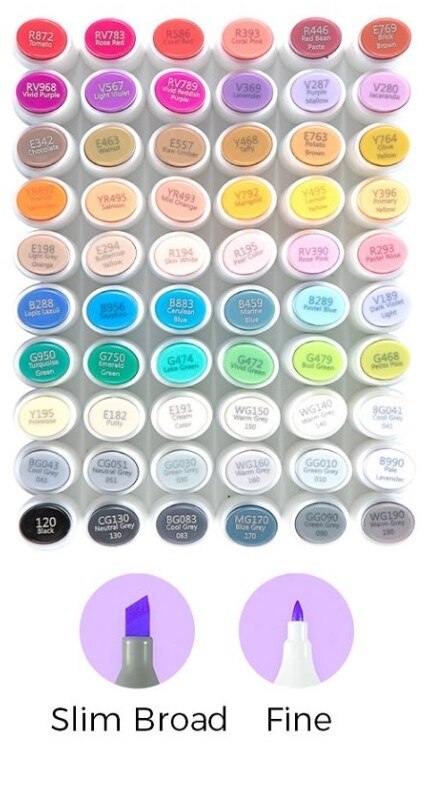 Alkoholové fixy se dvěma hroty OHUHU - ilustrace - sada 60 ks