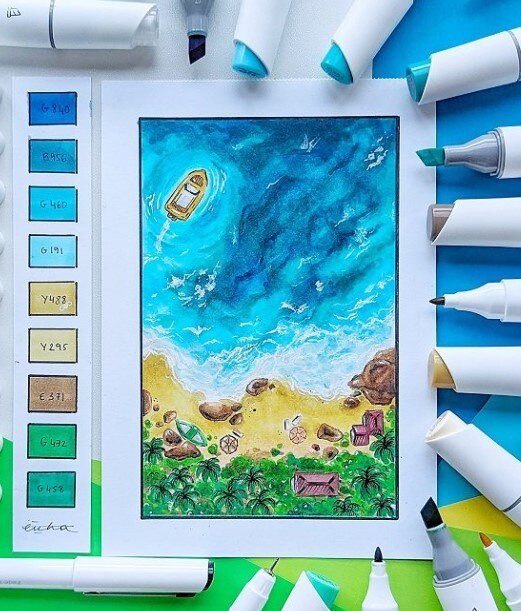 Alkoholové fixy se dvěma hroty OHUHU - krajina - sada 60 ks