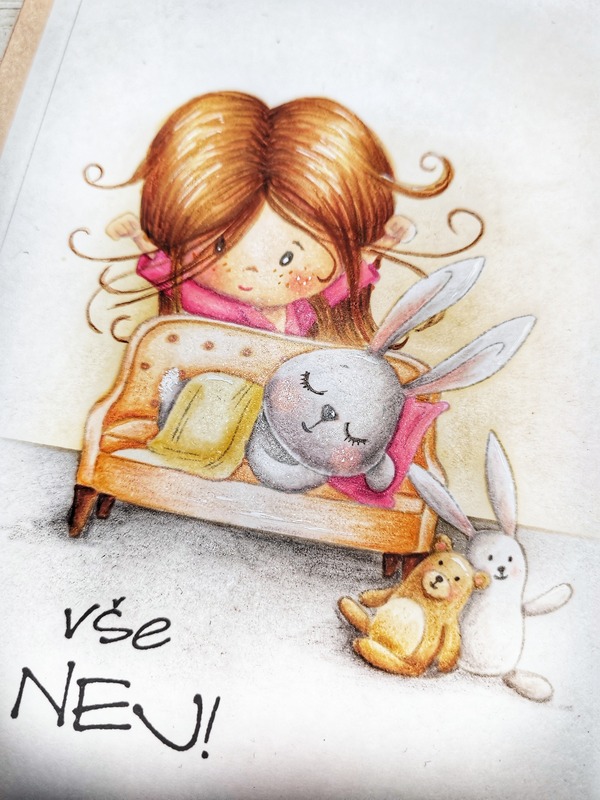 Přání ruční výroba - Holčička a zajíček - 1 ks