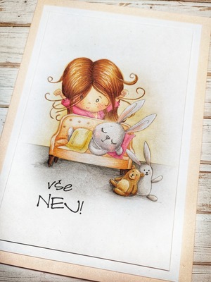 Přání ruční výroba - Holčička a zajíček - 1 ks