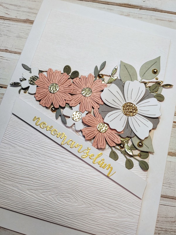 Přání ruční výroba - Květiny starorůžová-mint - 1 ks