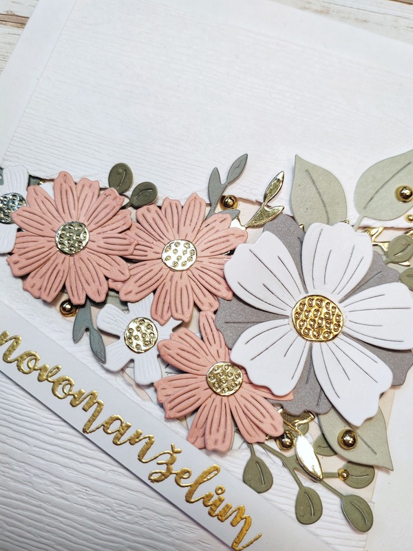 Přání ruční výroba - Květiny starorůžová-mint - 1 ks