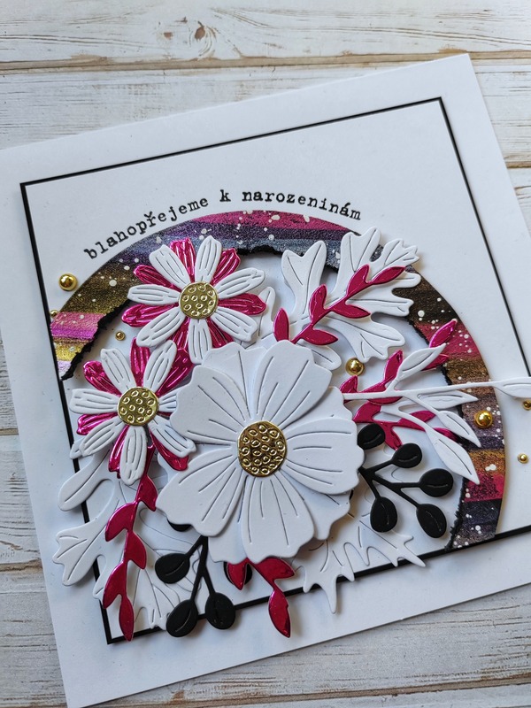 Přání ruční výroba - Květiny - metalické