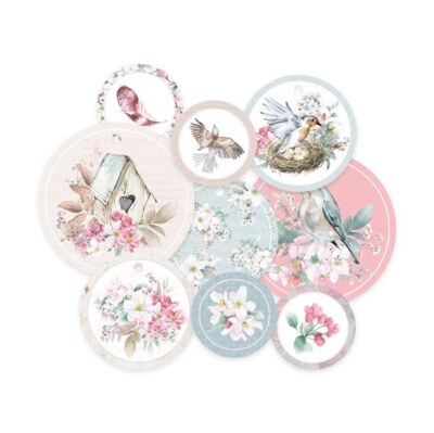 Dekorativní visačky kulaté P13 - Birdhouse - sada 9 ks