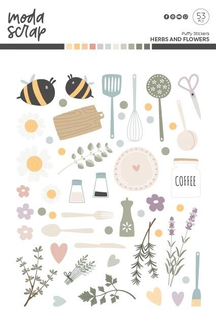 Sada nálepek MODA SCRAP - Puffy Herbs and Flowers - sada 53 ks