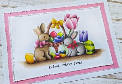 Přání ruční výroba - Svátky jara - Zajíčci - 1 ks