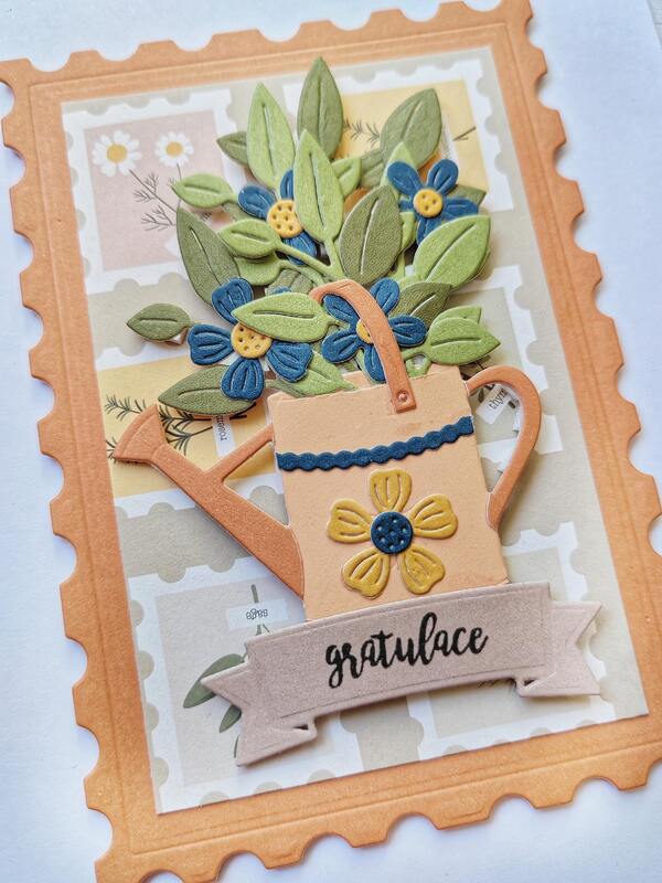 Přání ruční výroba - Květiny v konvičce