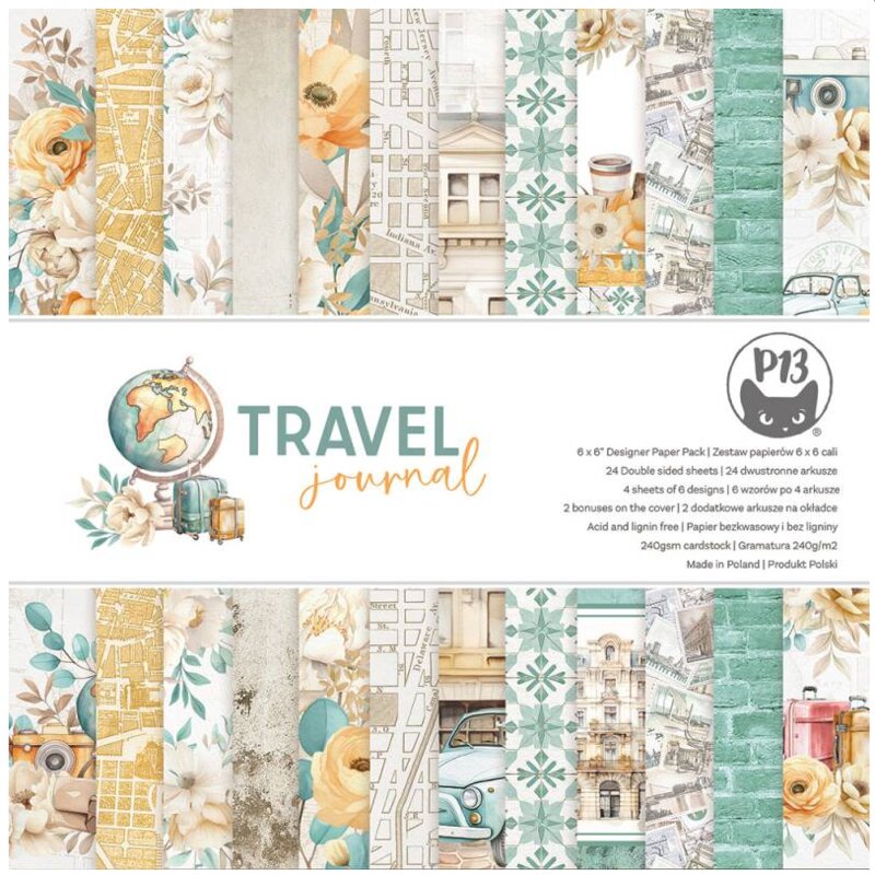 Scrapbookové oboustranně potištěné papíry P13 6x6" Travel Journal - sada 24 listů