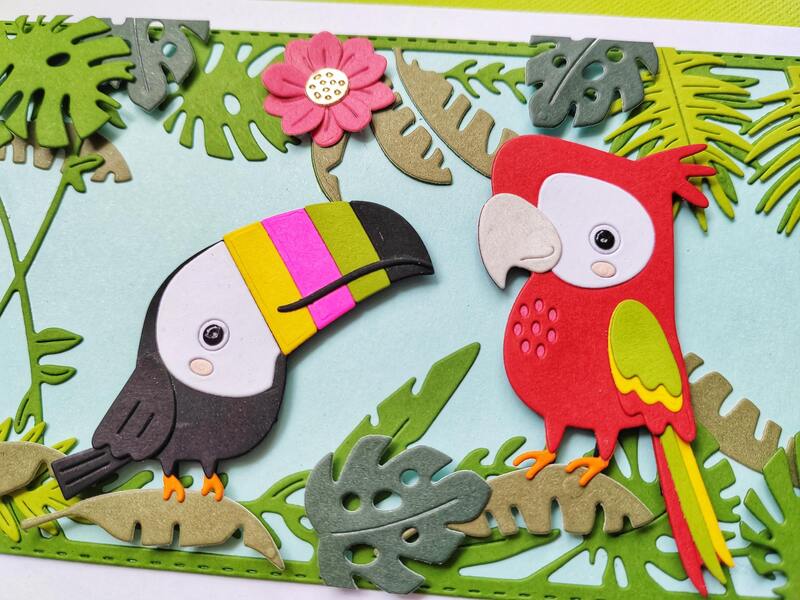 Přání ruční výroba -  Tukan a papoušek - 1 ks