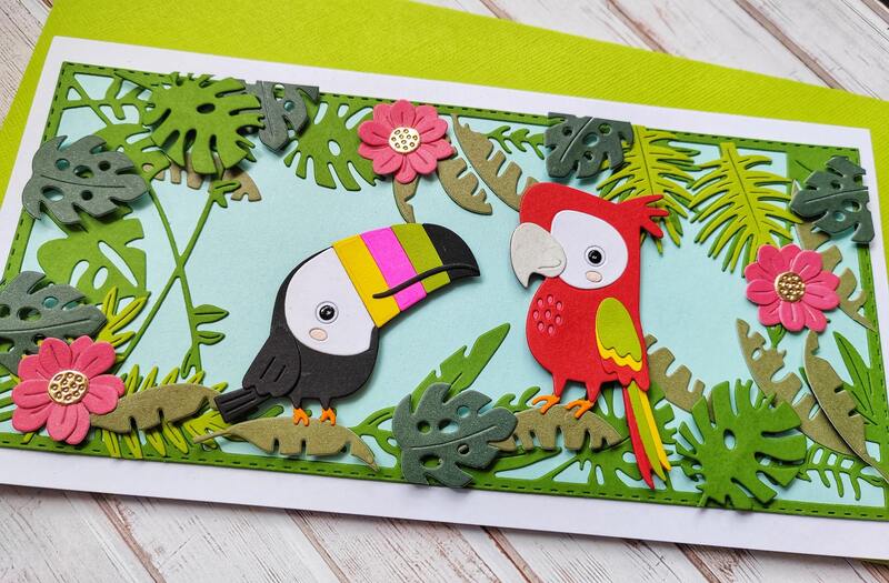 Přání ruční výroba -  Tukan a papoušek - 1 ks