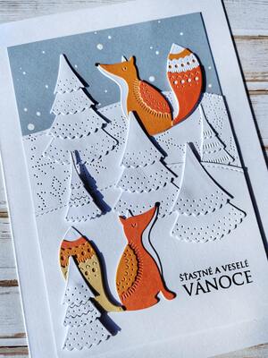 Přání ruční výroba -  Lišky v zimním lese - 1 ks