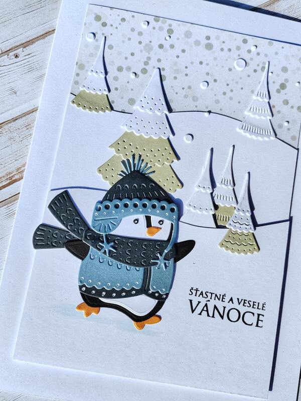 Přání ruční výroba -  Tučňák v zimním lese - 1 ks