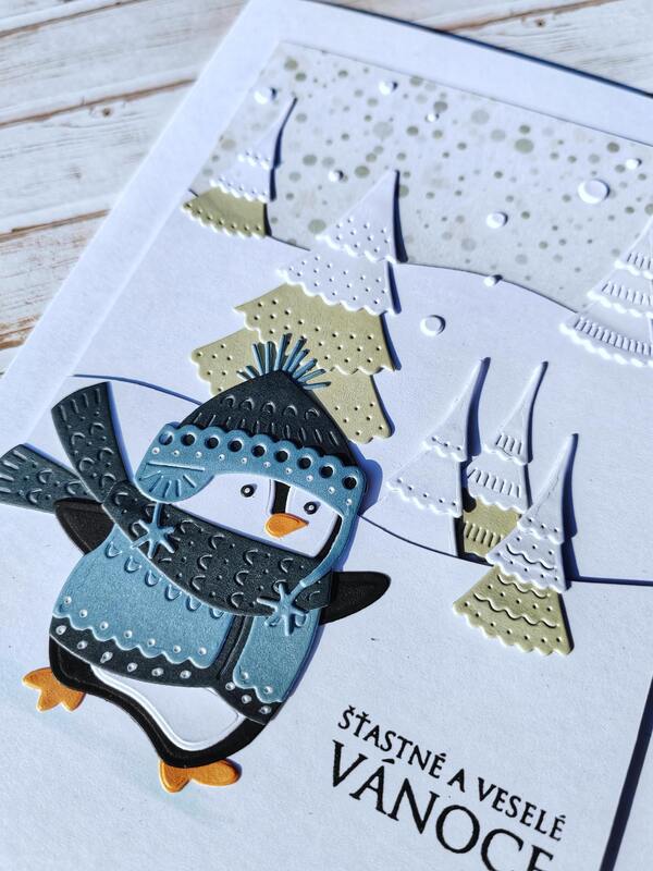 Přání ruční výroba -  Tučňák v zimním lese - 1 ks