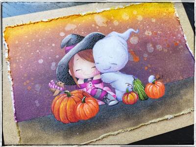 Přání ruční výroba -  Halloween Duch a malá čarodějnice - 1 ks