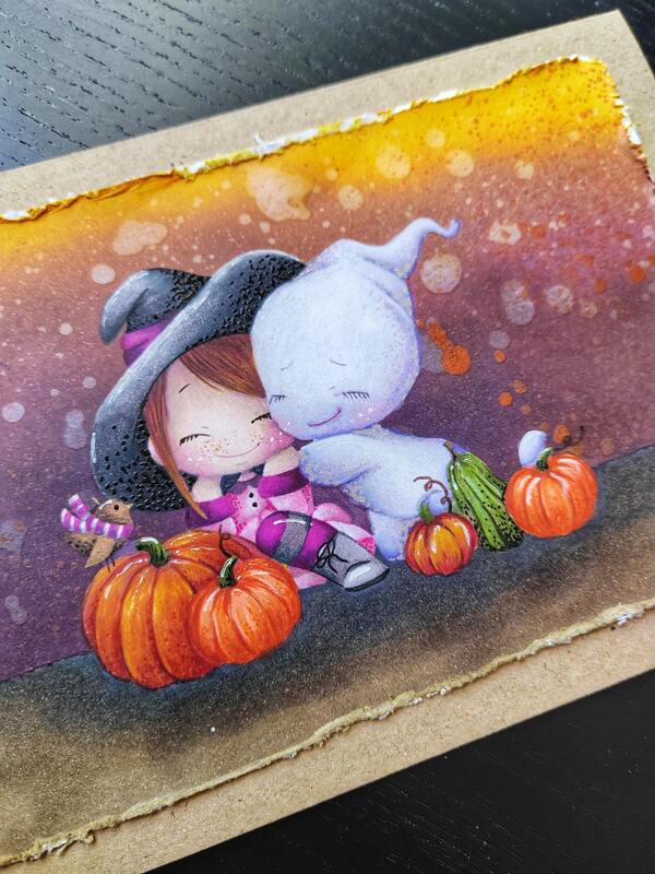 Přání ruční výroba -  Halloween Duch a malá čarodějnice - 1 ks