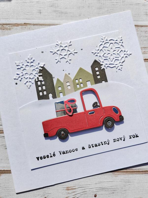 Přání ruční výroba -  Červené auto s dárkem - 1 ks