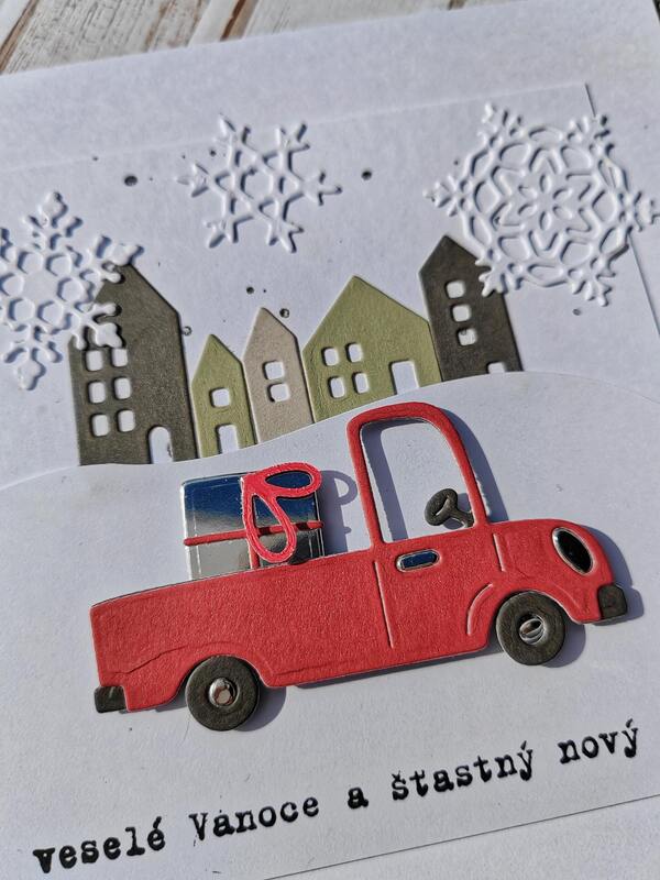 Přání ruční výroba -  Červené auto s dárkem - 1 ks