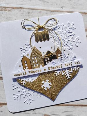 Přání ruční výroba -  Zlatá ozdoba - městečko - 1 ks