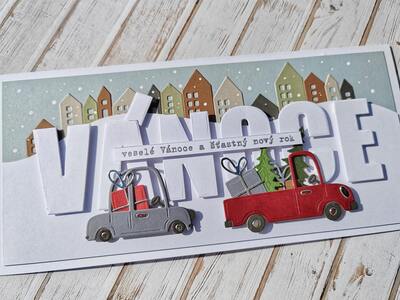 Přání ruční výroba -  Městečko a zásilka vánočních dárků - 1 ks