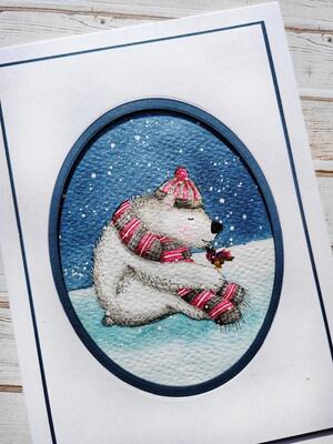 Přání ruční výroba -  Lední medvěd s ptáčkem - 1 ks