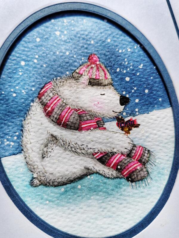 Přání ruční výroba -  Lední medvěd s ptáčkem - 1 ks