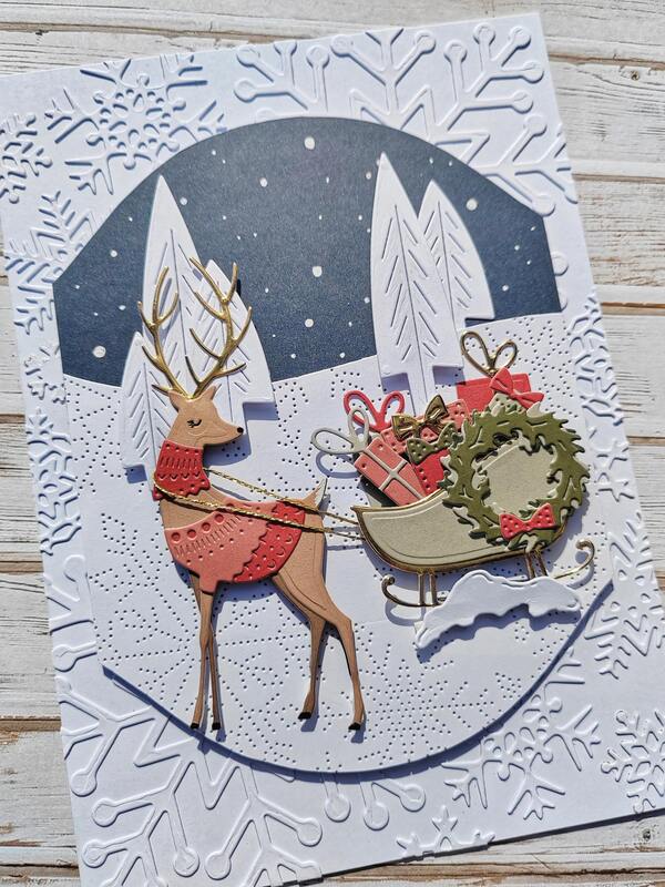 Přání ruční výroba -  Jelen s dárky - 1 ks