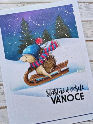 Přání ruční výroba - Noční zima - sněhové radovánky 7 - 1 ks