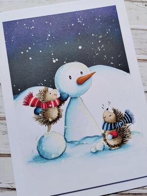 Přání ruční výroba - Noční zima - sněhové radovánky 9 - 1 ks