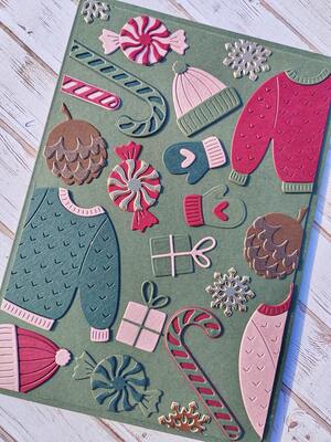 Přání ruční výroba - Zimní oblečení - zelený podklad - 1 ks