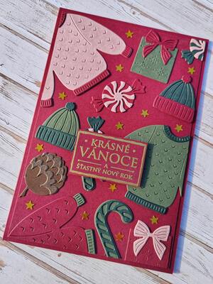 Přání ruční výroba - Zimní oblečení - bordó podklad - 1 ks