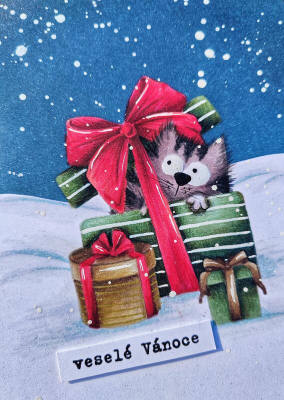 Přání ruční výroba - Noční zima - sněhové radovánky 10 - 1 ks