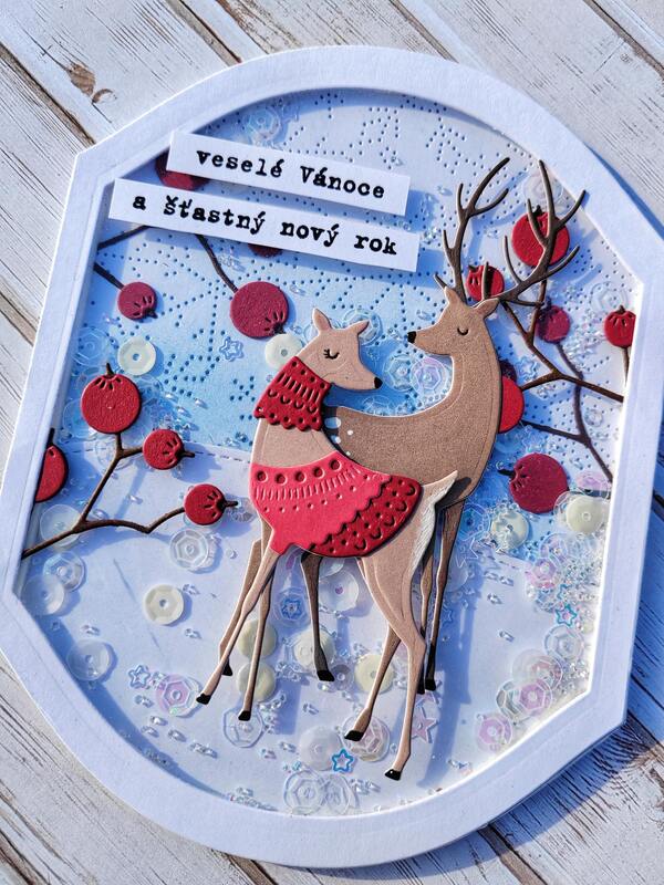 Přání ruční výroba - Jelen a srna - Hrkací shaker s flitry - 1 ks