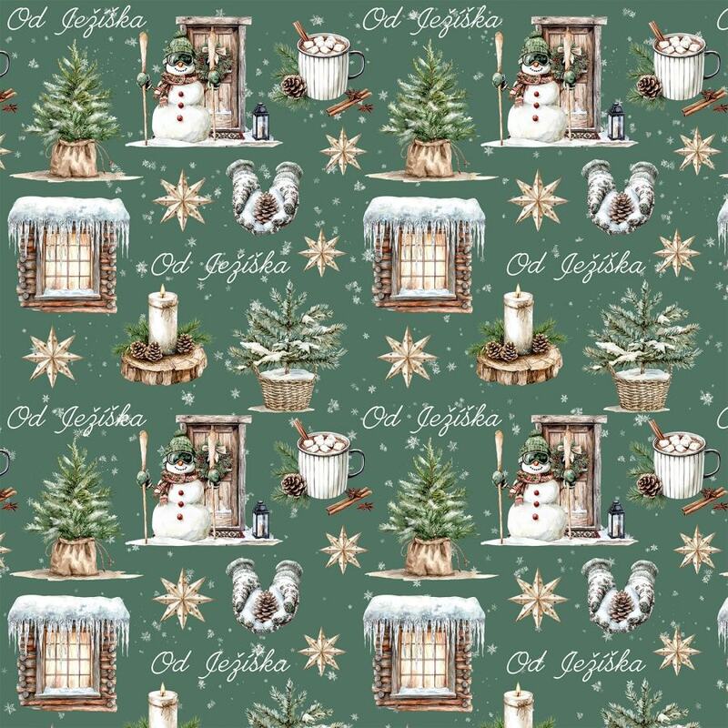 Vánoční balicí papír 70 x 100 cm - 115 g/m2 - Vánoce na chatě zelené - 1 arch