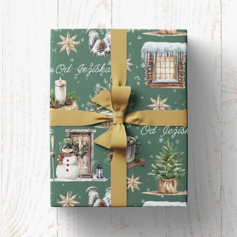Vánoční balicí papír 70 x 100 cm - 115 g/m2 - Vánoce na chatě zelené - 1 arch