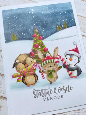 Přání ruční výroba - Tučňák, sova a zajíc - Šťastné a veselé - 1 ks