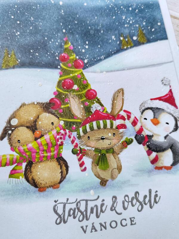 Přání ruční výroba - Tučňák, sova a zajíc - Šťastné a veselé - 1 ks