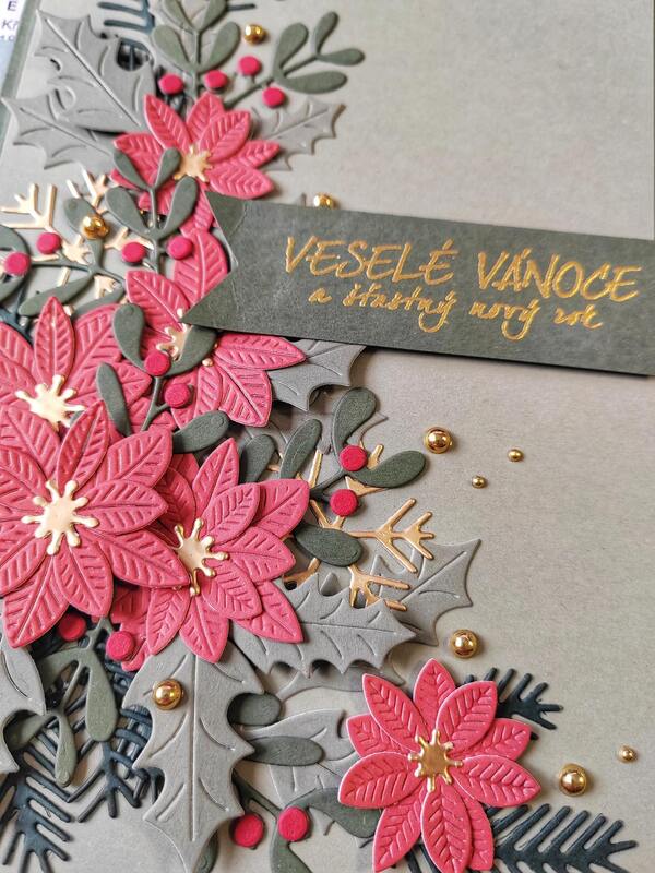 Přání ruční výroba - Vánoční hvězda - květinový motiv - 1 ks