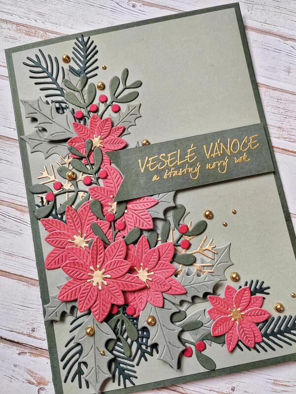 Přání ruční výroba - Vánoční hvězda - květinový motiv - 1 ks