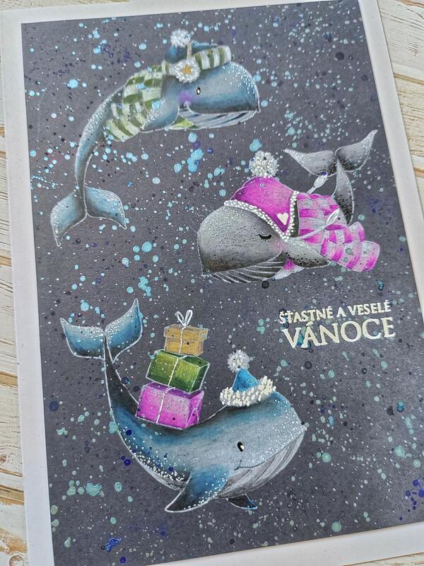 Přání ruční výroba - Vánoční velryby - 1 ks