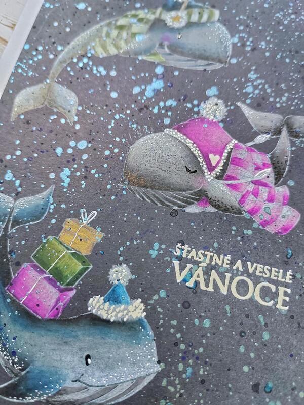 Přání ruční výroba - Vánoční velryby - 1 ks