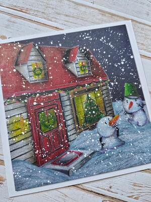 Přání ruční výroba - Vánoční domek se sněhuláky - 1 ks