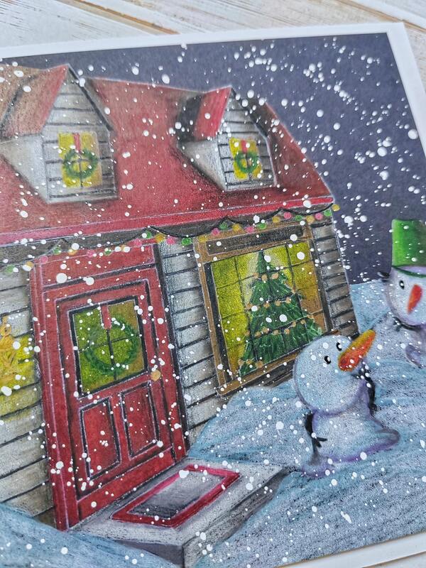 Přání ruční výroba - Vánoční domek se sněhuláky - 1 ks