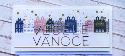 Přání ruční výroba - Pastelové městečko - Veselé Vánoce - 1 ks