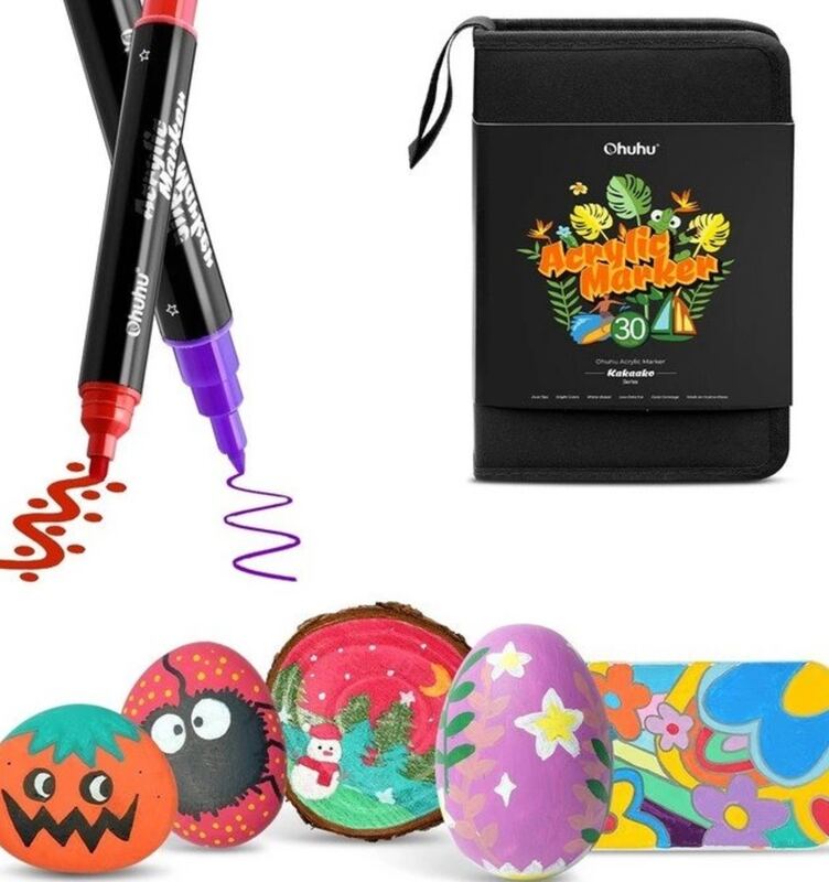 Akrylové fixy OHUHU v penále - tenký a kulatý hrot - sada 30 ks