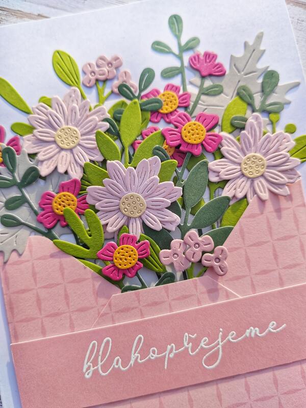 Přání ruční výroba - Květiny v obálce starorůžové - 1 ks