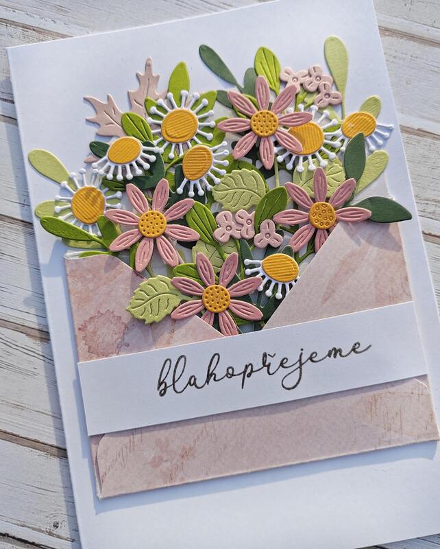 Přání ruční výroba - Květiny v obálce starorůžové 2 - 1 ks