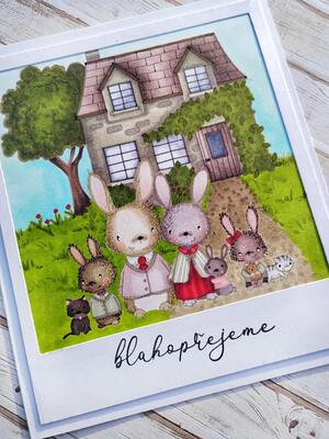 Přání ruční výroba - Zaječí rodinka - 1 ks