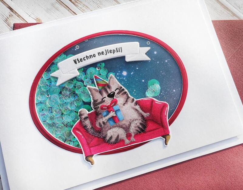 Přání ruční výroba - Kocourek - shaker s flitry - 1 ks