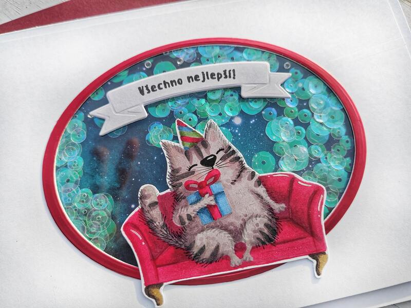 Přání ruční výroba - Kocourek - shaker s flitry - 1 ks